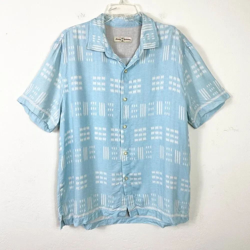 Tommy Bahama Light Blue & White Dashed Silk Blend Short Sleeve Button Shirt XL